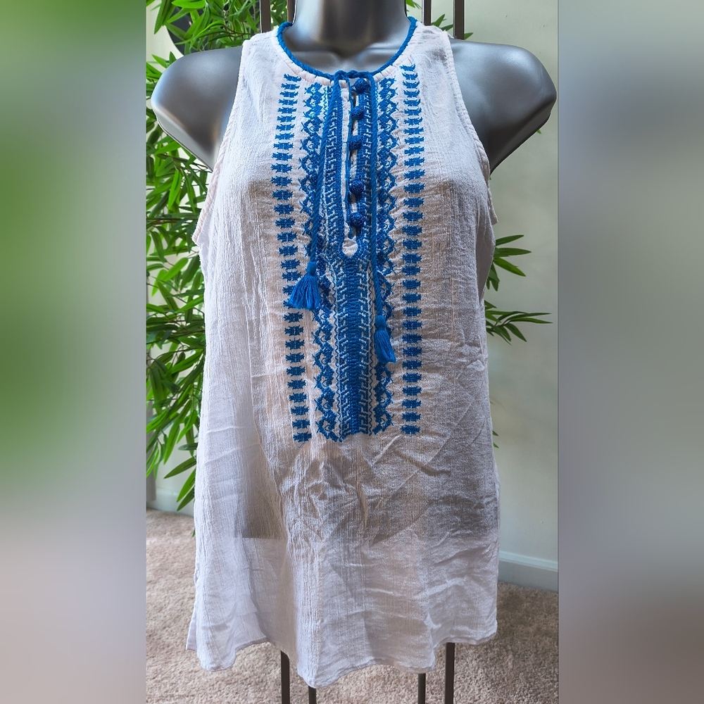 Ralph Lauren White Top with Beautiful Blue Embroidery